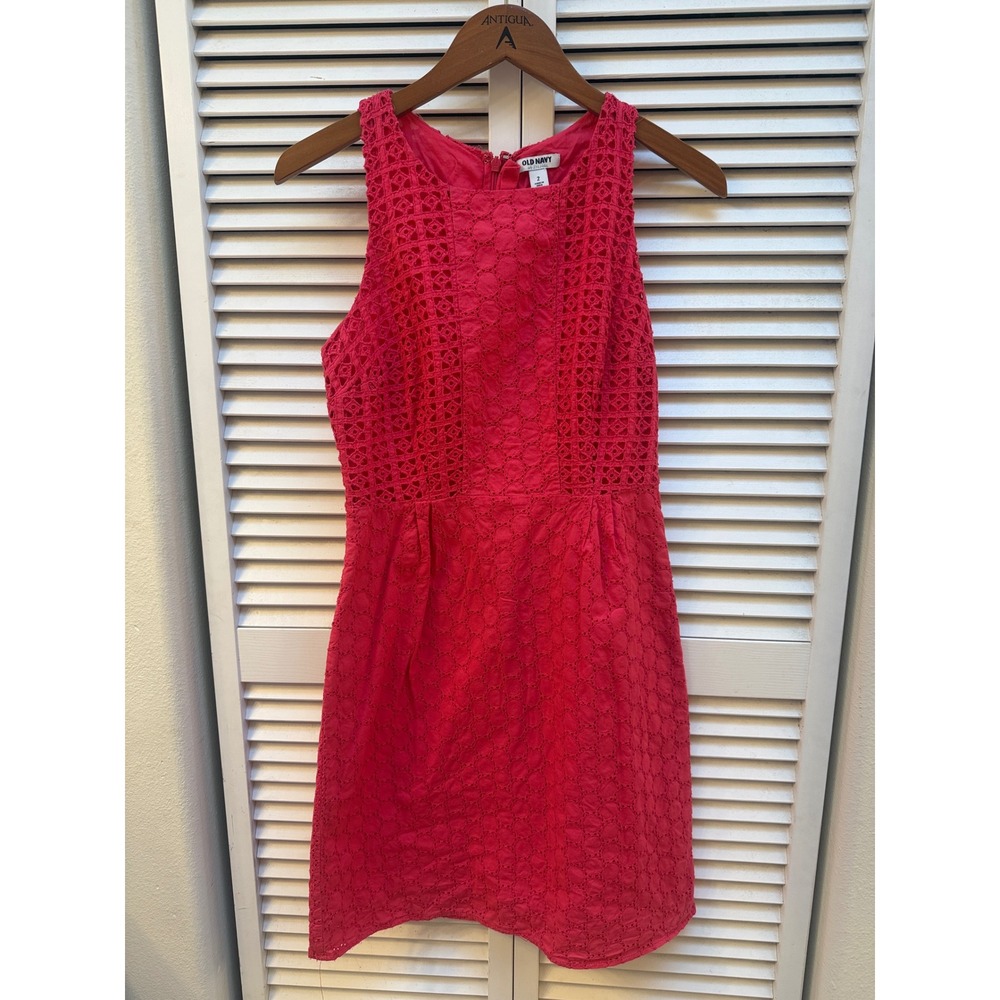 Old Navy Womens Eyelet Mini Dress Sleeveless Coral Pink Red Fit Flare Size 2